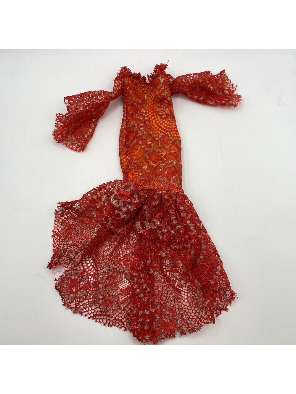 Curvy Barbie clothes- Red & Gold Lace Mermaid Bell Sleeve Gown Doll Dress B2